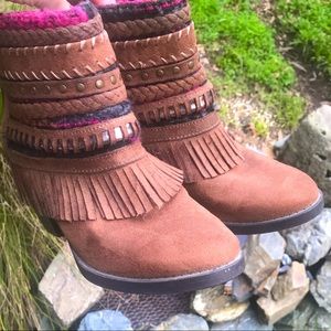 Tan Fringe Multicolor Festival Booties
